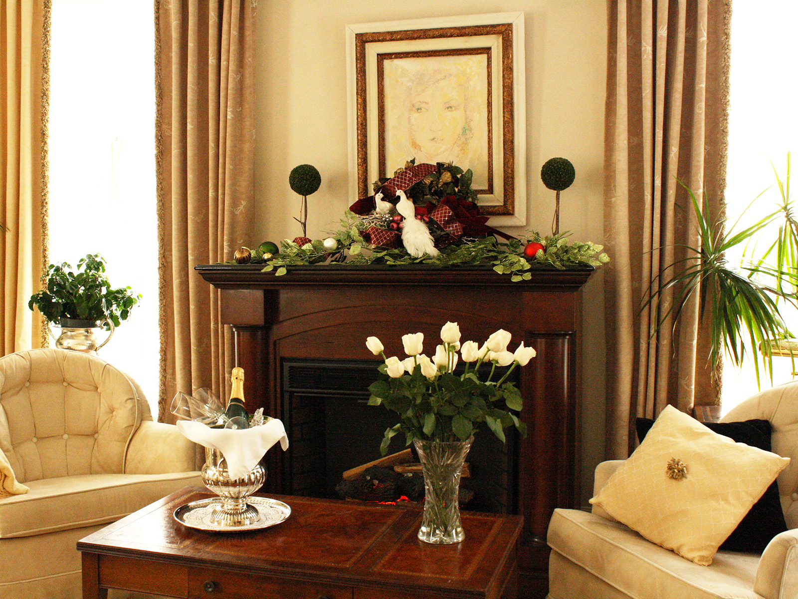 regent-garden-mews-fireplaceNw Regent Garden Mews bedroom with flowers and a fireplace